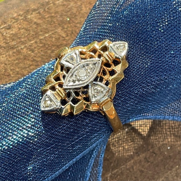 Vintage 14K Solid Gold Filigree Diamond Navette Ring Art Deco Revival Sz 4.75 - Picture 2 of 15